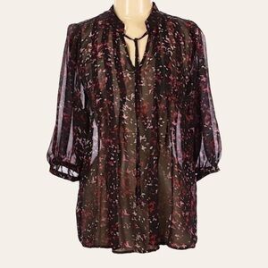 🌺 Black Rainn Sheer Printed 3/4 Sleeve Pullover Blouse Size M